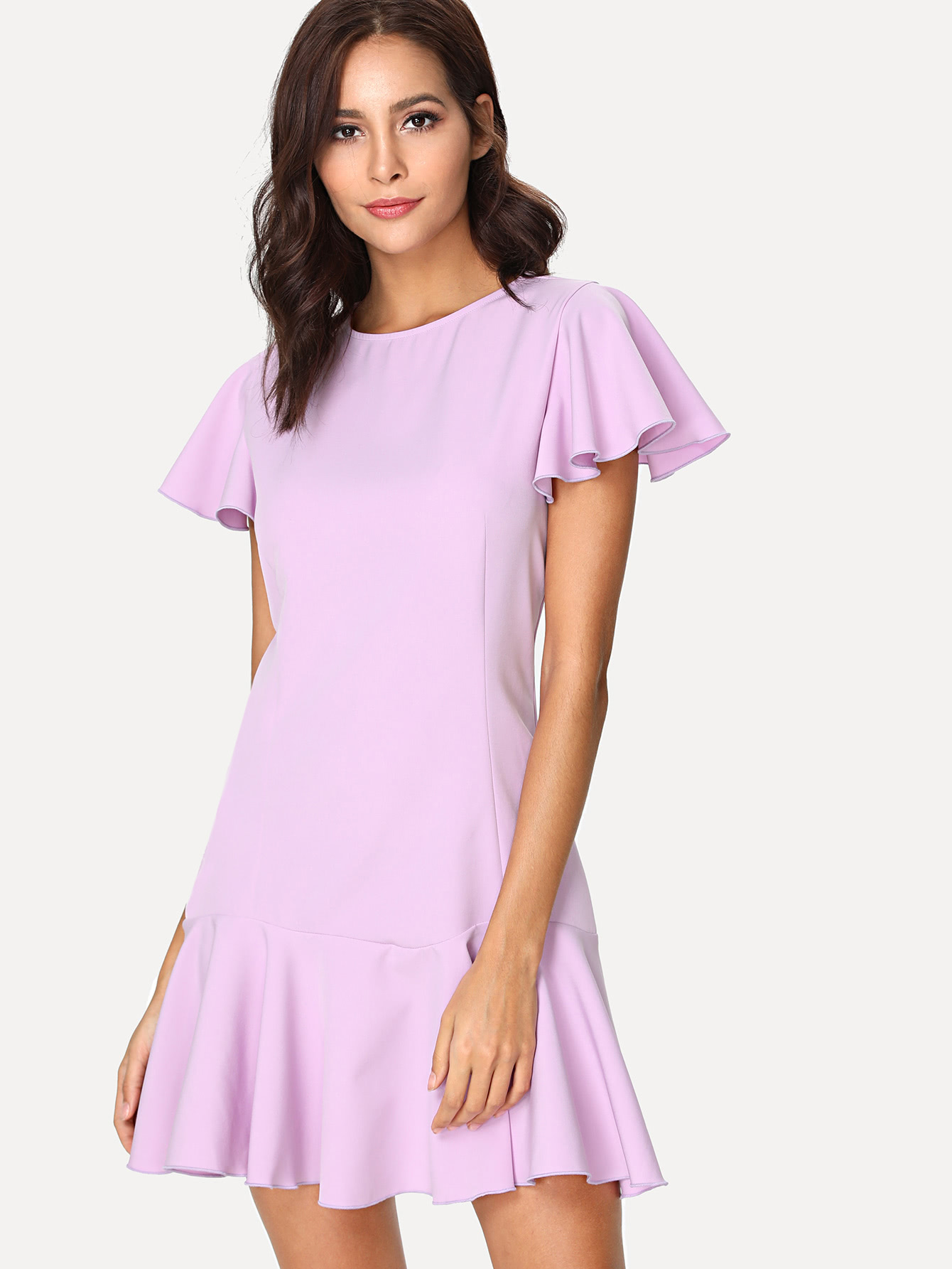 Flutter Sleeve Solid Ruffle Dress